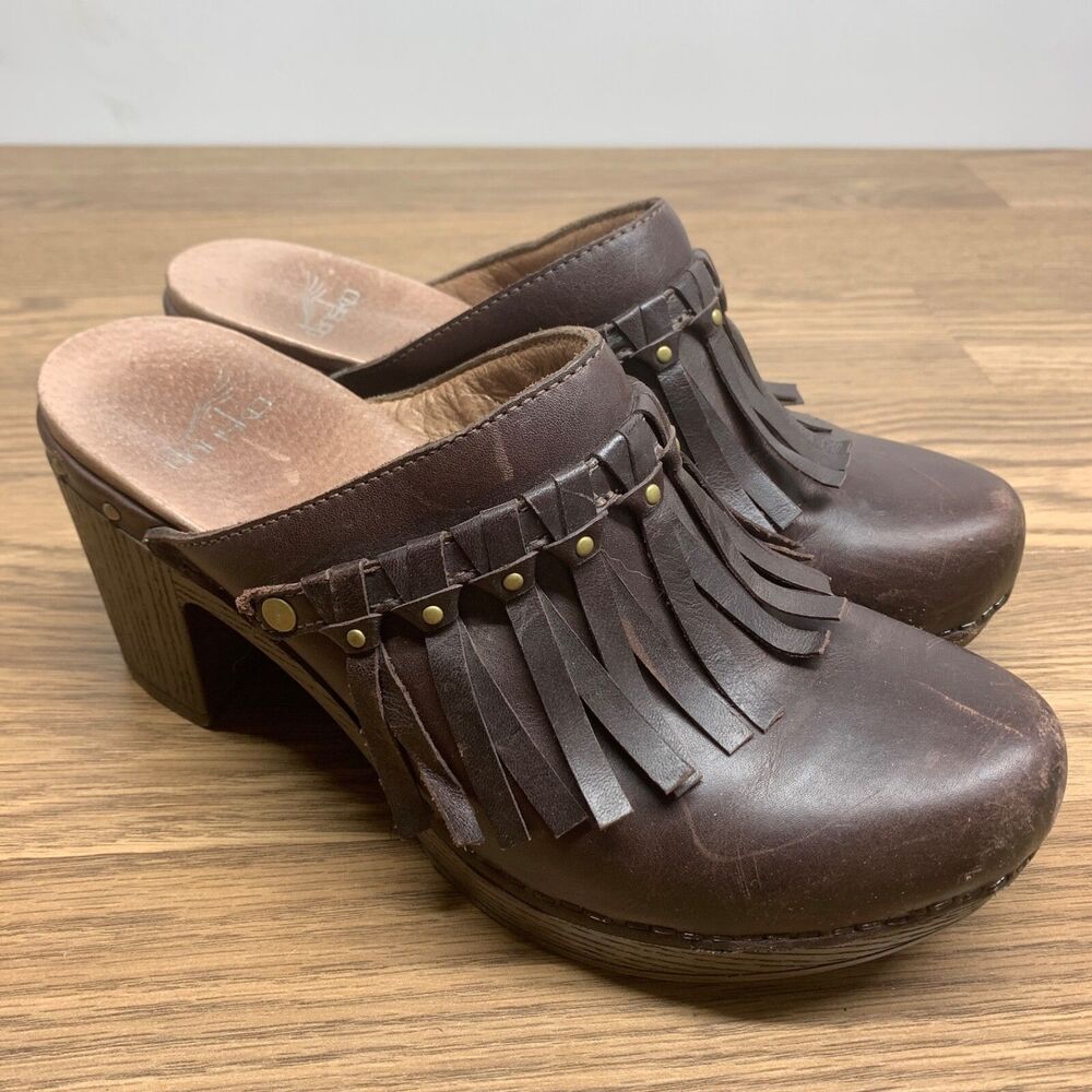 Dansko Deni Full‎ Grain Fringe Slip On Heeled Mule Clogs Brown Leather Size 38 8